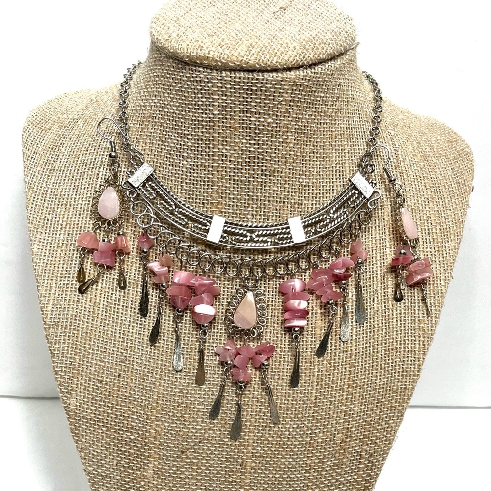 Pink Rose Quartz Semiprecious Stone Necklace from Peru